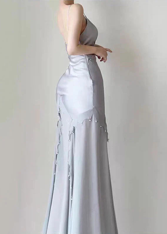 Robe Weitese rétro sirène bretelles spaghetti satin argent longue robe de bal robe de soirée